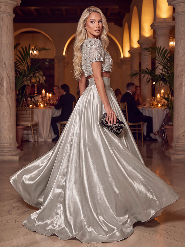 2 Pieces A-Line/Princess Evening Dresses Liquid Satin Scoop Neck Short Sleeves Floor-Length Gala Dresses with Sequin/Pleats/Back Zipper