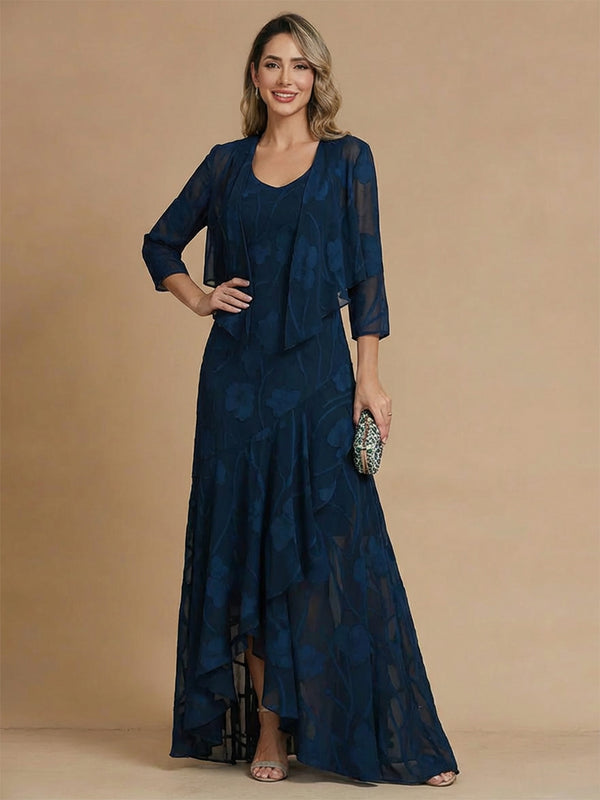 2 Pieces A-Line/Princess Mother of the Bride Dresses Scoop Neck 3/4 Sleeves Ankle-Length With Floral Printed/Jacket&Lace