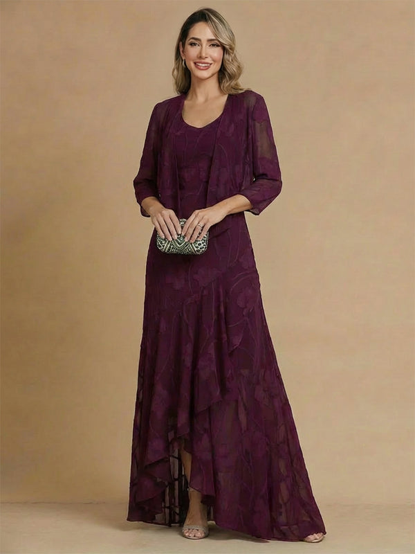 2 Pieces A-Line/Princess Mother of the Bride Dresses Scoop Neck 3/4 Sleeves Ankle-Length Formal Dresses With Floral Printed/Jacket&Lace
