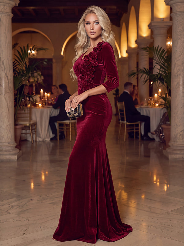 Sheath/Column Evening Dresses Velvet V-Neck 3/4 Sleeves Floor-Length Formal Floral Dresses With 3D Flowers/Pleats/Back Zipper