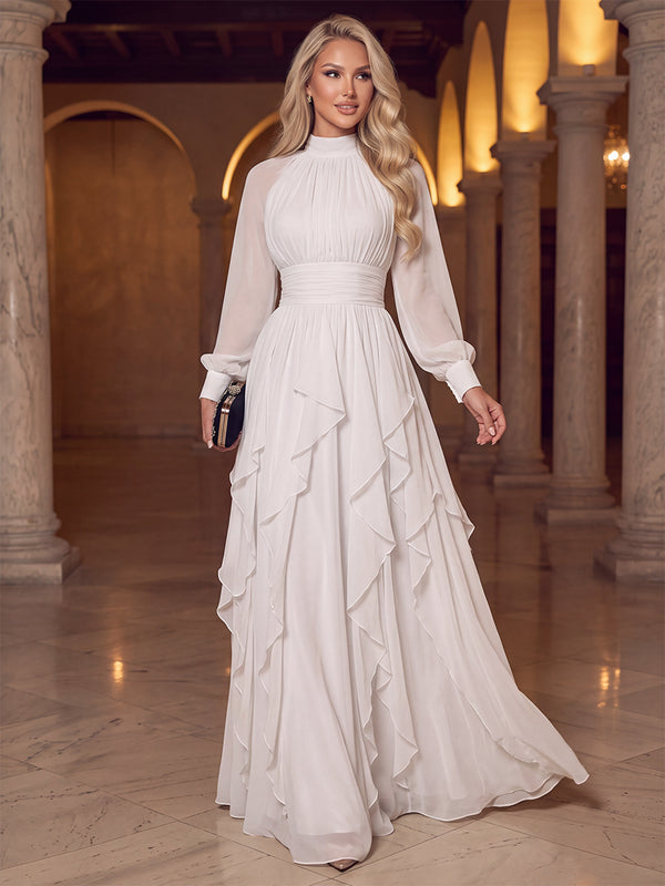 A-Line/Princess Evening Dresses Chiffon Dresses High Neck Long Sleeves Floor-Length With Pleats/Ruffles/Back Zipper