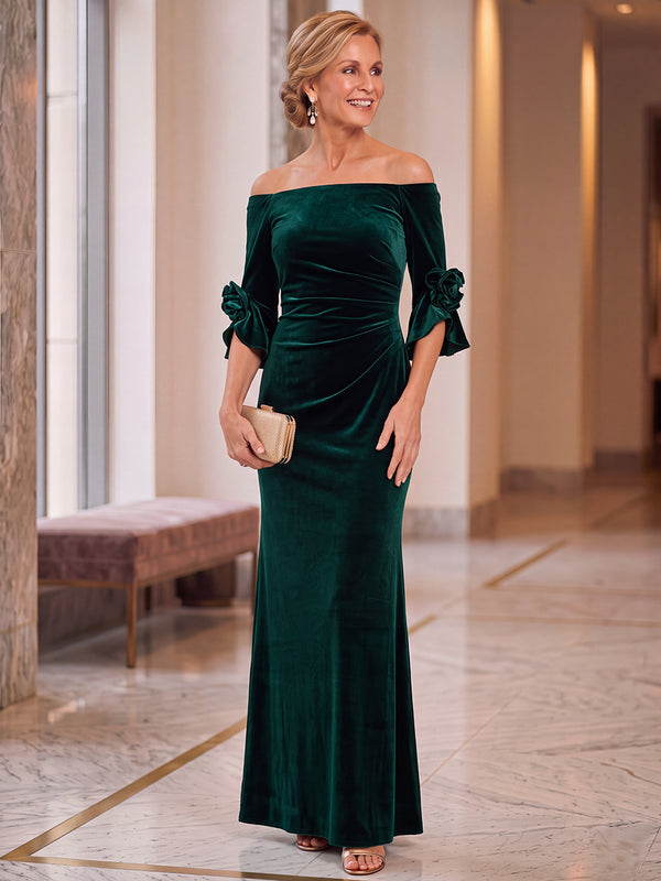 Sheath/Column Mother of the Bride Dresses Velvet Off-the-Shoulder 3/4 Length Sleeves Floor-Length With Pleats/Back Zipper