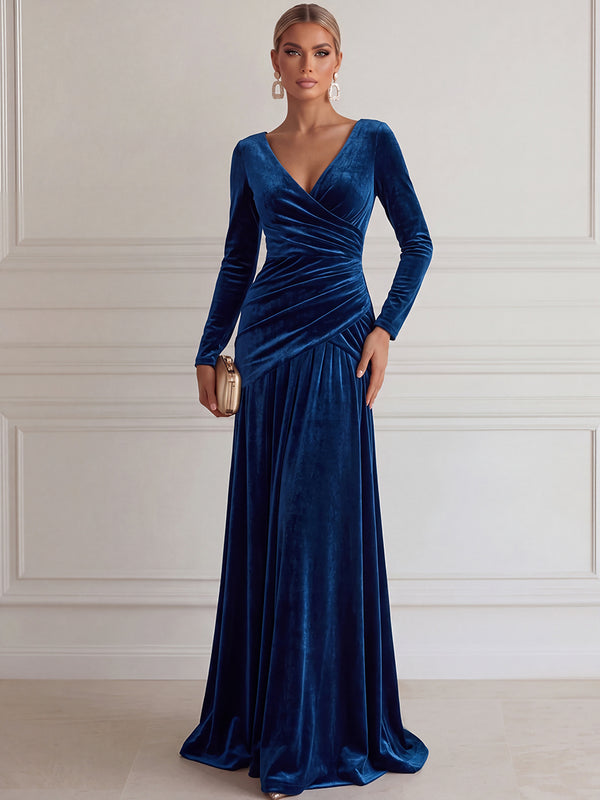 A-Line/Princess Evening Dresses Velvet V-Neck Long Sleeves Floor-Length With Pleats/Back Zipper