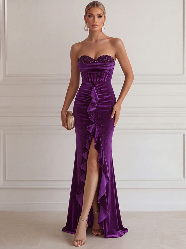 Sheath/Column Evening Dresses Beaded Sweetheart Strapless Floor-Length With Ruffles/Corset/Back Zipper