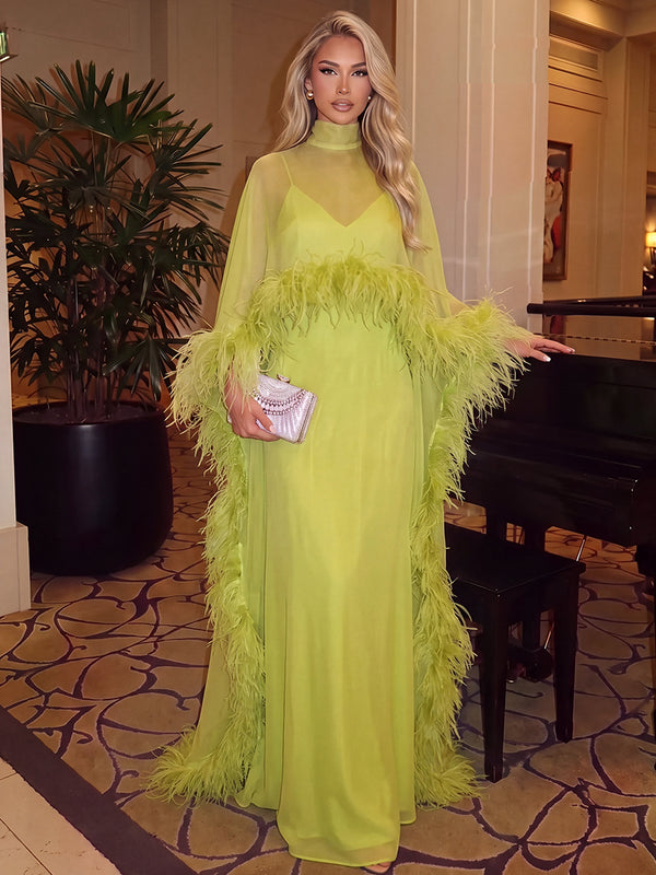 A-Line/Princess Evening Dresses Chiffon High Neck Long Sleeves Floor-Length With Feather/Tulle Cape/Back Zipper