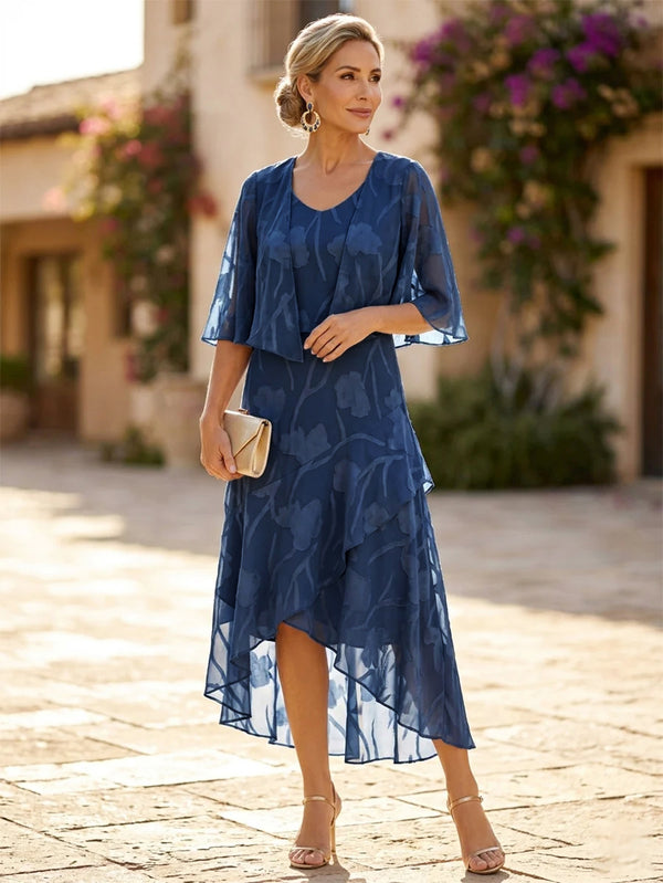 A-Line/Princess 2 Pieces Mother of the Bride Dresses Floral Dresses Scoop Neck Half Sleeves Ankle-Length Chiffon Formal Dresses With Jacket/Wraps