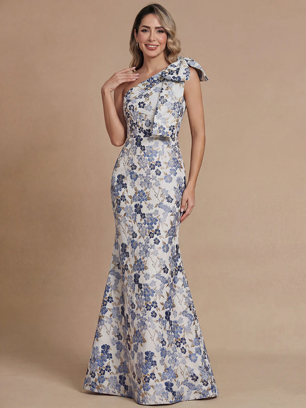 Sheath/Column Mother of the Bride Dresses Floral Dresses One-Shoulder Sleeveless Floor-Length Satin Dresses Formal Dresses With Bow/Back Zipper