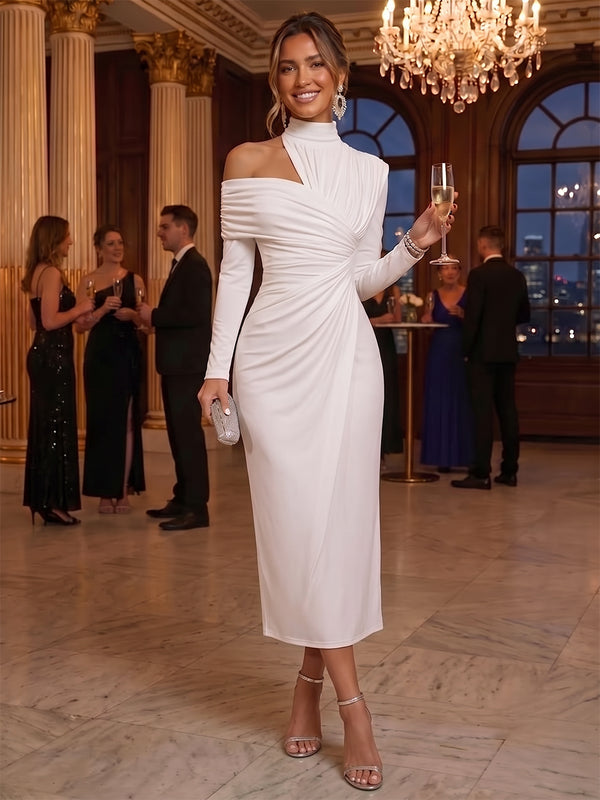 Sheath/Column Cocktail Dresses High Neck&One-Shoulder Long Sleeves Tea-Length Empire Waist Chiffon with Pleats/Back Zipper