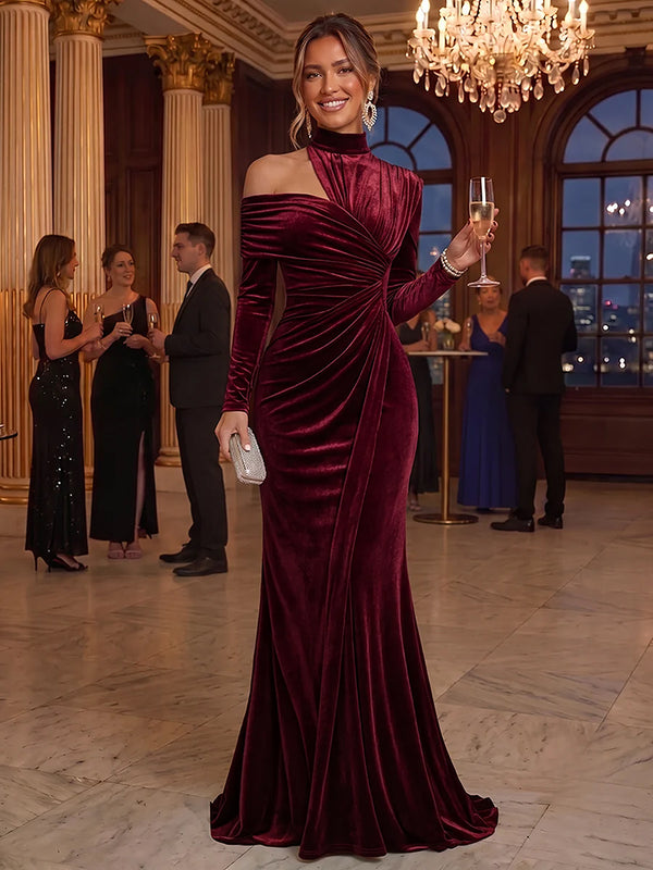 Trumpet/Mermaid Evening Dresses High Neck&One-Shoulder Long Sleeves Floor-Length Empire Waist Velvet with Pleats/Back Zipper