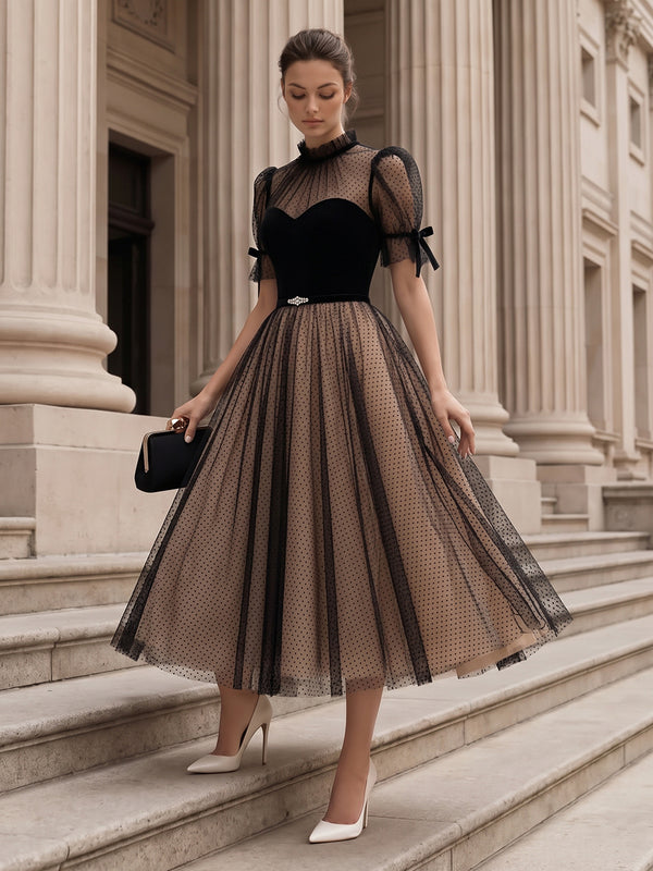 A-Line/Princess Cocktail Dresses High Neck Short Sleeves Tea-Length Tulle Dresses With Polka Dot/Bows/Pleats/Back Zipper