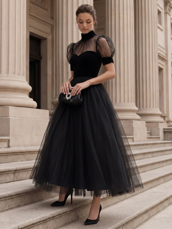 A-Line/Princess Cocktail Dresses High Neck Short Sleeves Ankle-Length Tulle Elegant Dresses With Pleats/Back Zipper