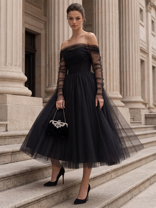 A-Line/Princess Cocktail Dresses Off-the-Shoulder Long Sleeves Tea-Length Tulle Elegant Dresses With Pleats/Back Zipper