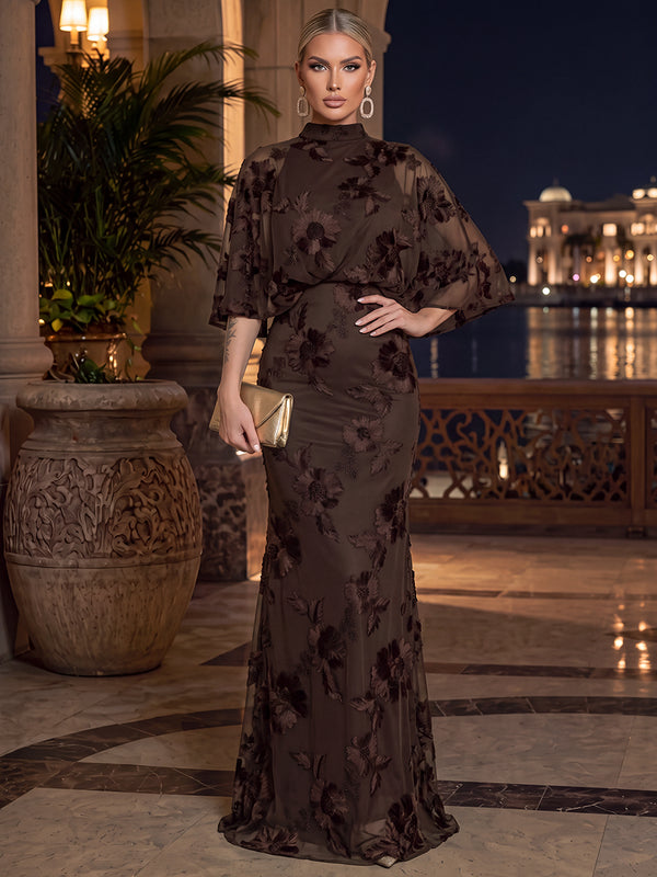 Sheath/Column Evening Dresses Elegant High Neck 3/4 Sleeves Floor-Length Floral Lace Dresses with Pleats/Back Zipper