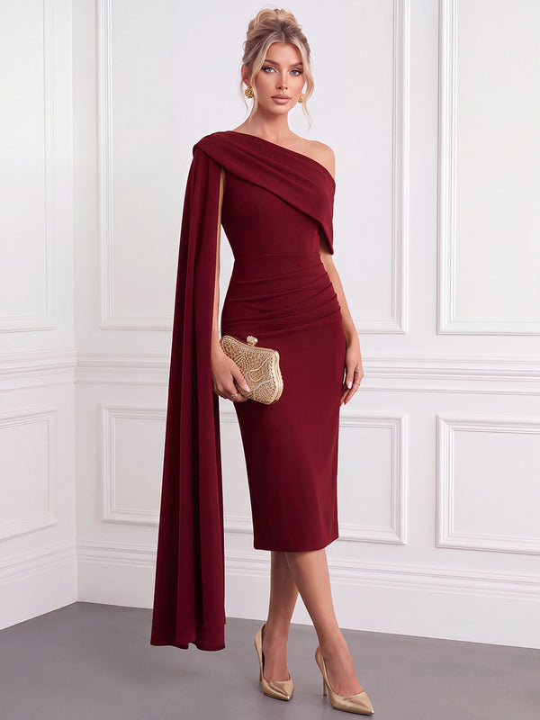Sheath/Column Cocktail Dresses Stretch Crepe One-Shoulder Sleeveless Tea-Length Formal Dresses With Sash/Back Zipper