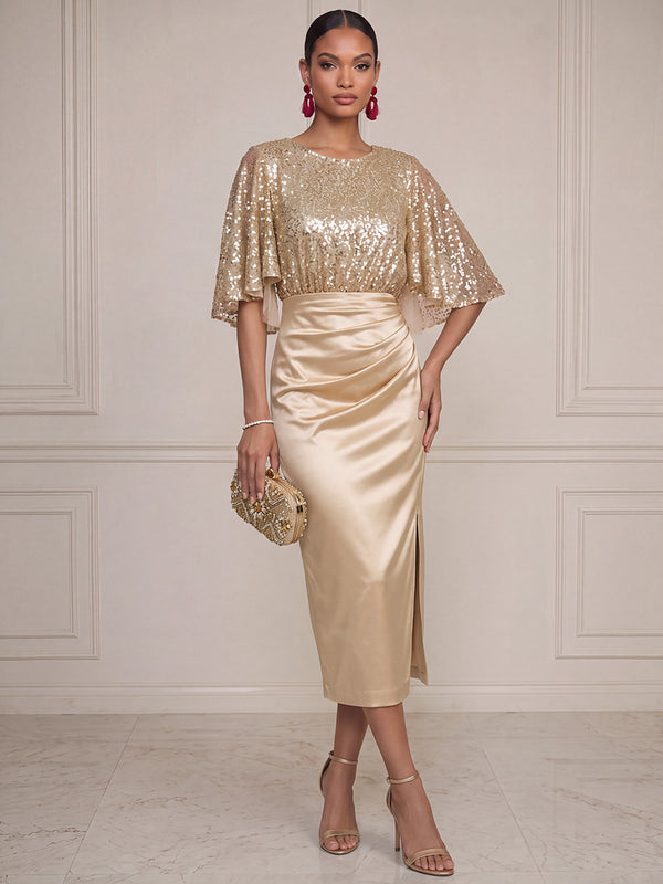 Sheath/Column Cocktail Dresses Sequin Scoop Neck Half Sleeves Tea-Length With Back Zipper