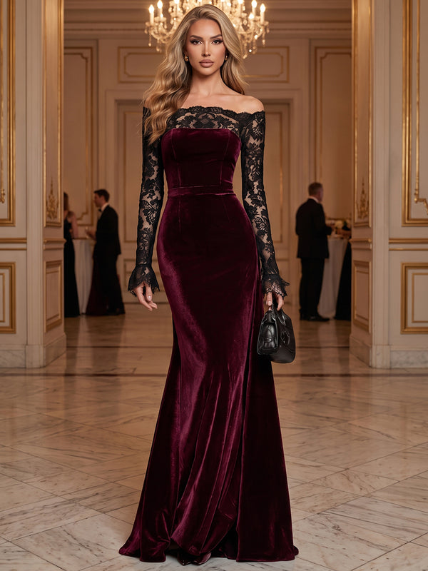 A-Line/Princess Evening Dresses Velvet Off-the-Shoulder Long Sleeves Floor-Length Formal Dresses with Lace/Back Zipper