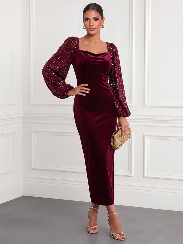 Sheath/Column Cocktail Dresses Square Neck Long Sleeves Tea-Length Velvet Dresses With Sequin/Back Zipper