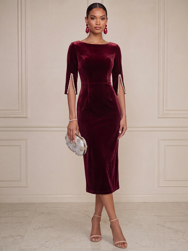 Sheath/Column Cocktail Dresses Scoop Neck Half Sleeves Tea-Length Velvet Dresses With Pearls/Back Zipper