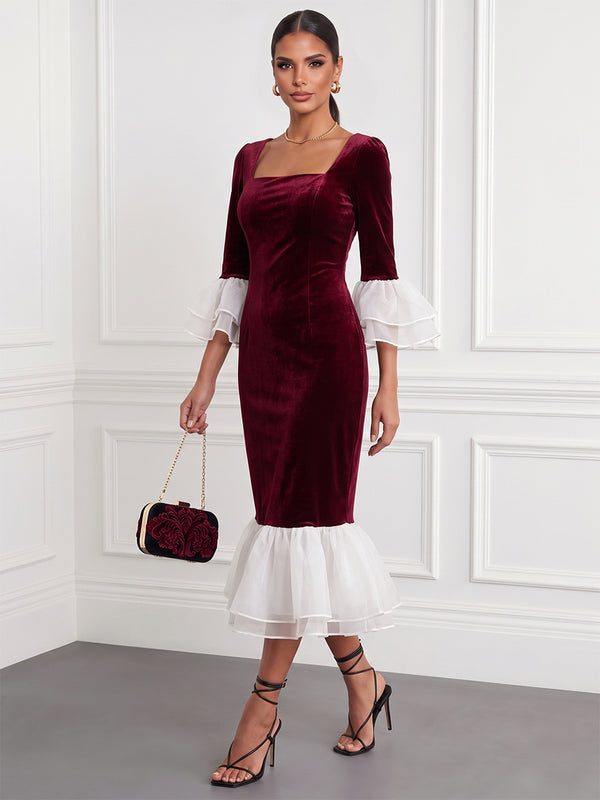 Sheath/Column Cocktail Dresses Square Neck Half Sleeves Tea-Length Velvet Dresses With Ruffles/Back Zipper