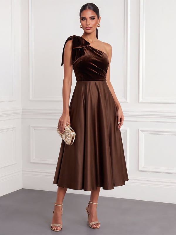 A-Line/Princess Cocktail Dresses One-Shoulder Sleeveless Tea-Length Velvet Dresses With Bow/Back Zipper