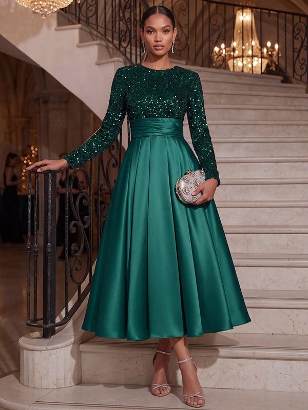 A-Line/Princess Cocktail Dresses Sequin Dresses Scoop Neck Long Sleeves Tea-Length With Back Zipper