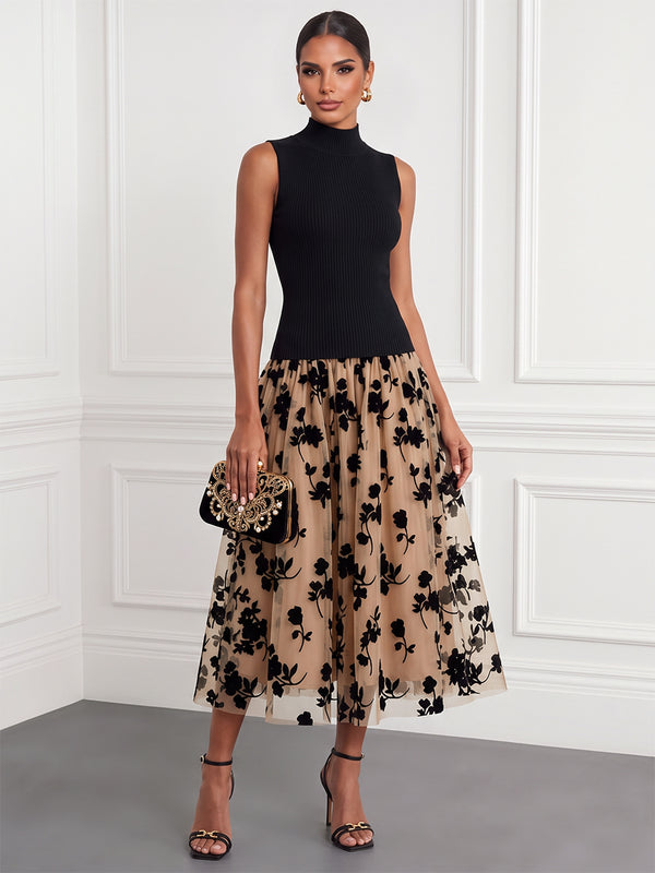 A-Line/Princess Cocktail Dresses High Neck Sleeveless Tea-Length Stretch Crepe Floral Dresses With Back Zipper
