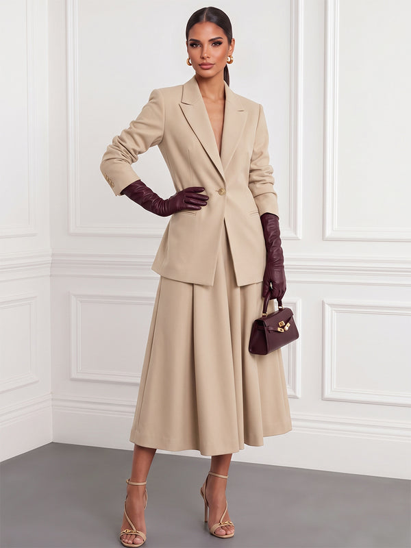 2 Pieces A-Line/Princes Cocktail Dresses Stretch Crepe V-Neck Long Sleeves Tea-Length Women's Suit With Pleats