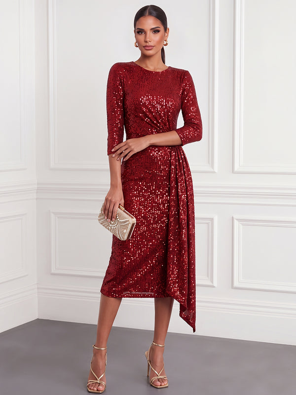 Sheath/Column Cocktail Dresses Scoop Neck 3/4 Sleeves Tea-Length Sequin Dresses/Party Dresses With Back Zipper