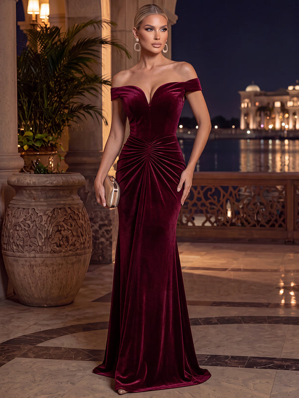 Sheath/Column Evening Dresses Velvet Off-the-Shoulder Sleeveless Floor-Length Formal Dresses With Pleats/Back Zipper