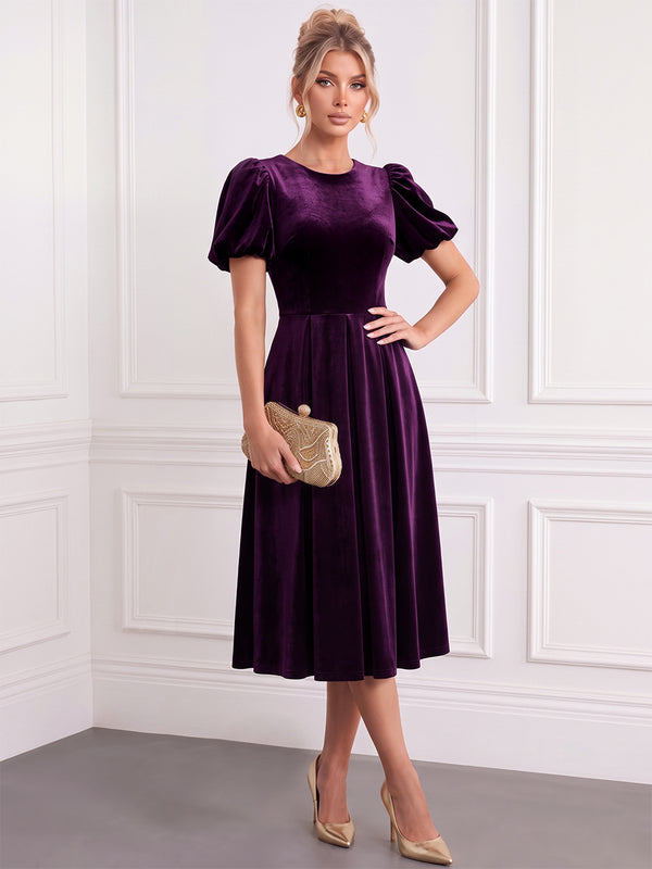A-Line/Princess Cocktail Dresses Velvet Scoop Neck Short Sleeves Tea-Length Formal Dresses With Pleated/Back Zipper