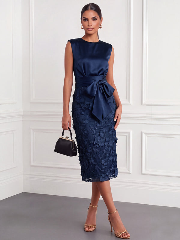 Sheath/Column Cocktail Dresses Satin Scoop Neck Sleeveless Knee-Length Wedding Guest Dresses With Floral Appliques/Back Zipper