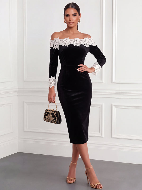 Sheath/Column Cocktail Dresses Velvet Off-the-Shoulder Long Sleeves Knee-Length Formal Dresses With Appliques Lace/Back Zipper
