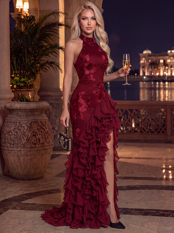 Sheath/Column Evening Dresses Halter Sleeveless Floor-Length High Front Split Floral Dresses with Ruffles/Back Zipper