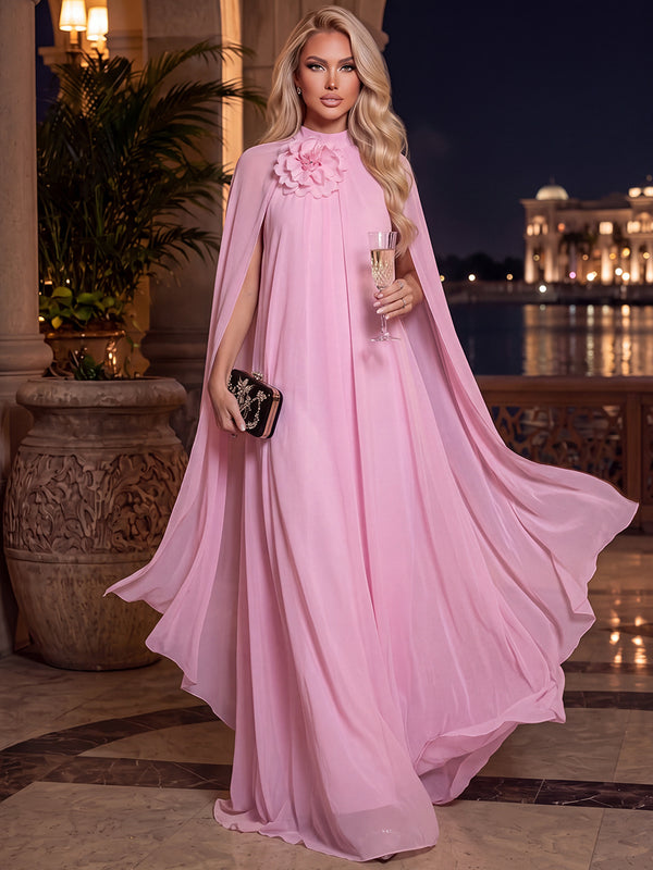 A-Line/Princess Evening Dresses Chiffon Dresses High Neck Long Sleeves Floor-Length With Cape/3D Flower/Back Zipper